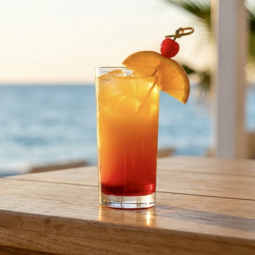 Vibrant Tequila Sunrise cocktail with layered orange-red gradient, garnished with orange slice.